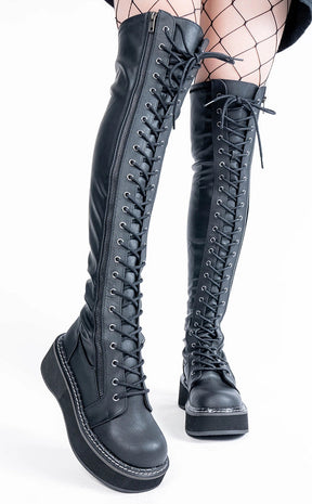 EMILY-375 Black Vegan Leather Thigh High Boots