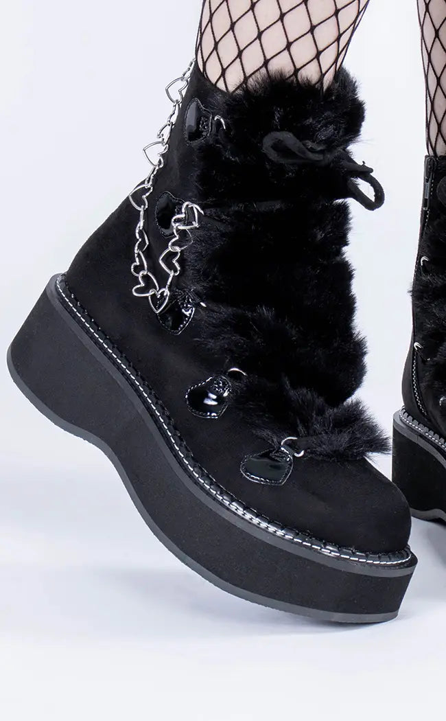 EMILY-55 Black Suede-Faux Fur Ankle Boots-Demonia-Tragic Beautiful