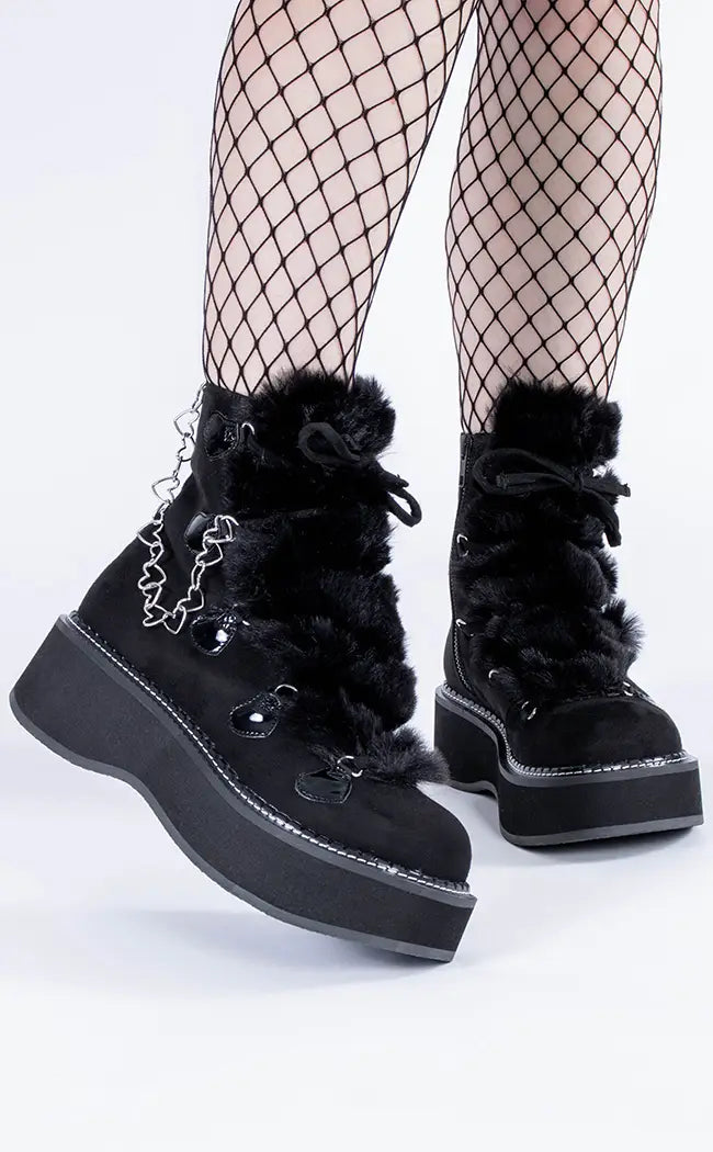 EMILY-55 Black Suede-Faux Fur Ankle Boots-Demonia-Tragic Beautiful