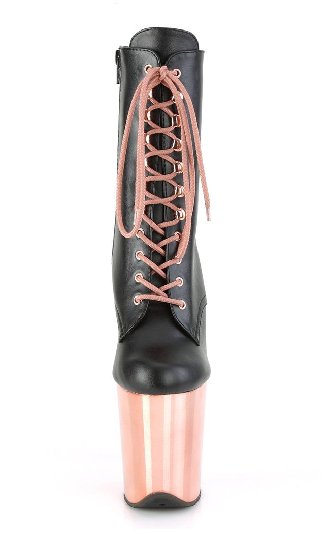 FLAMINGO-1020 Black Faux Leather/Rose Gold Chrome Boots-Pleaser-Tragic Beautiful