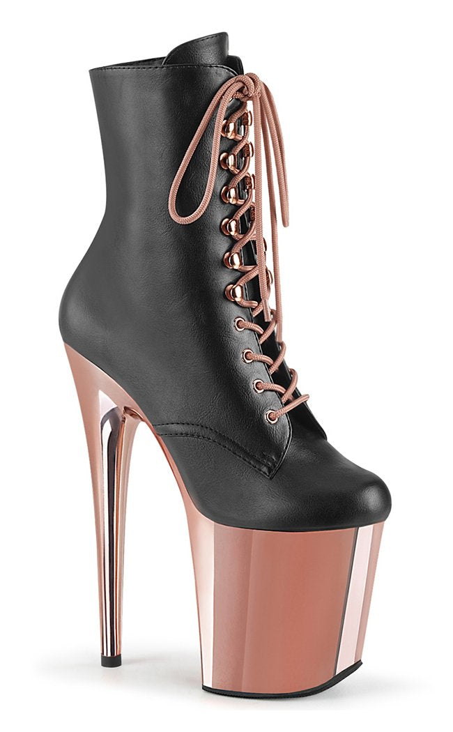 FLAMINGO-1020 Black Faux Leather/Rose Gold Chrome Boots-Pleaser-Tragic Beautiful