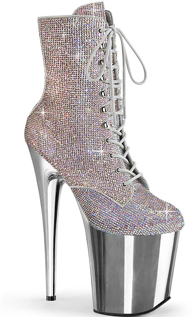 FLAMINGO-1020CHRS Silver Multi Rhinestone Chrome Boots-Pleaser-Tragic Beautiful