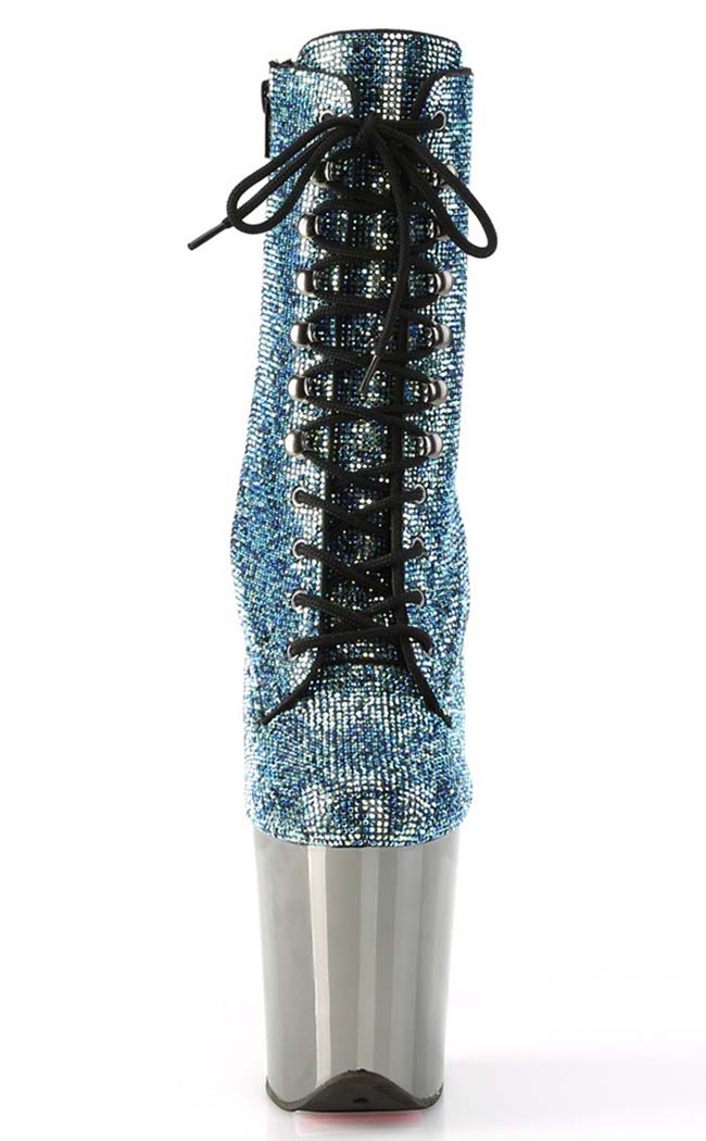 FLAMINGO-1020CHRS Turquoise Rhinestone/Pewter Chrome Boots-Pleaser-Tragic Beautiful