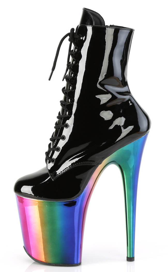 FLAMINGO-1020RC Black Patent/Rainbow Chrome Boots-Pleaser-Tragic Beautiful