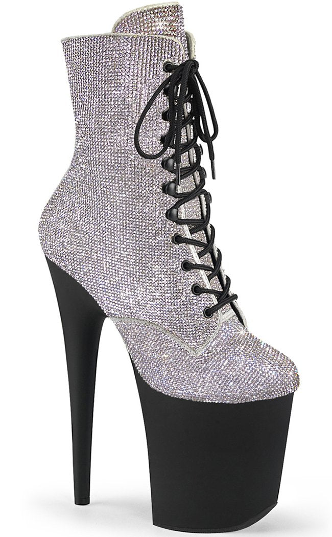 FLAMINGO-1020RS Silver Rhinestone/Black Matte Boots-Pleaser-Tragic Beautiful