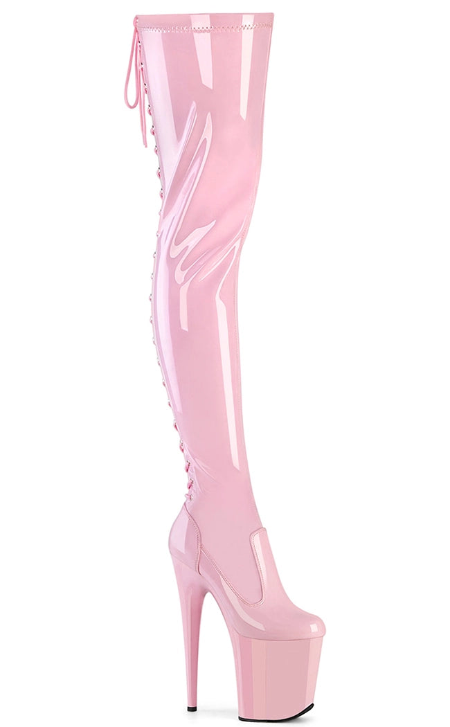 FLAMINGO-3850 Baby Pink Patent Thigh High Boots-Pleaser-Tragic Beautiful