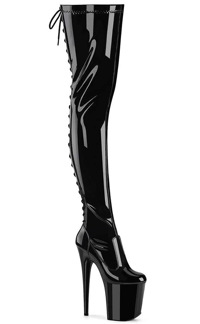 FLAMINGO-3850 Black Patent Thigh High Boots-Pleaser-Tragic Beautiful