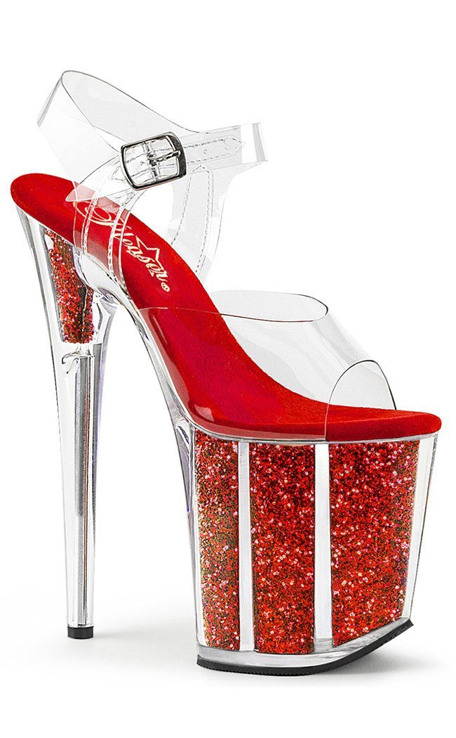 FLAMINGO-808G Clear & Red Glitter Heels-Pleaser-Tragic Beautiful