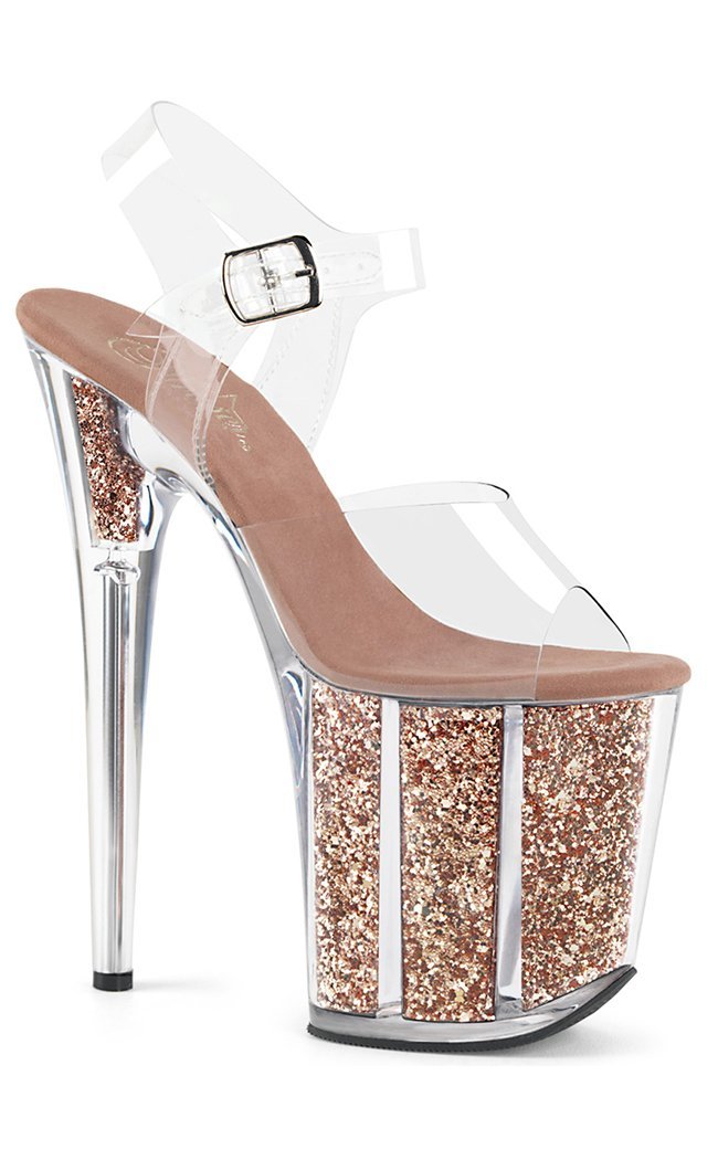 FLAMINGO-808G Clear & Rose Gold Glitter Heels-Pleaser-Tragic Beautiful