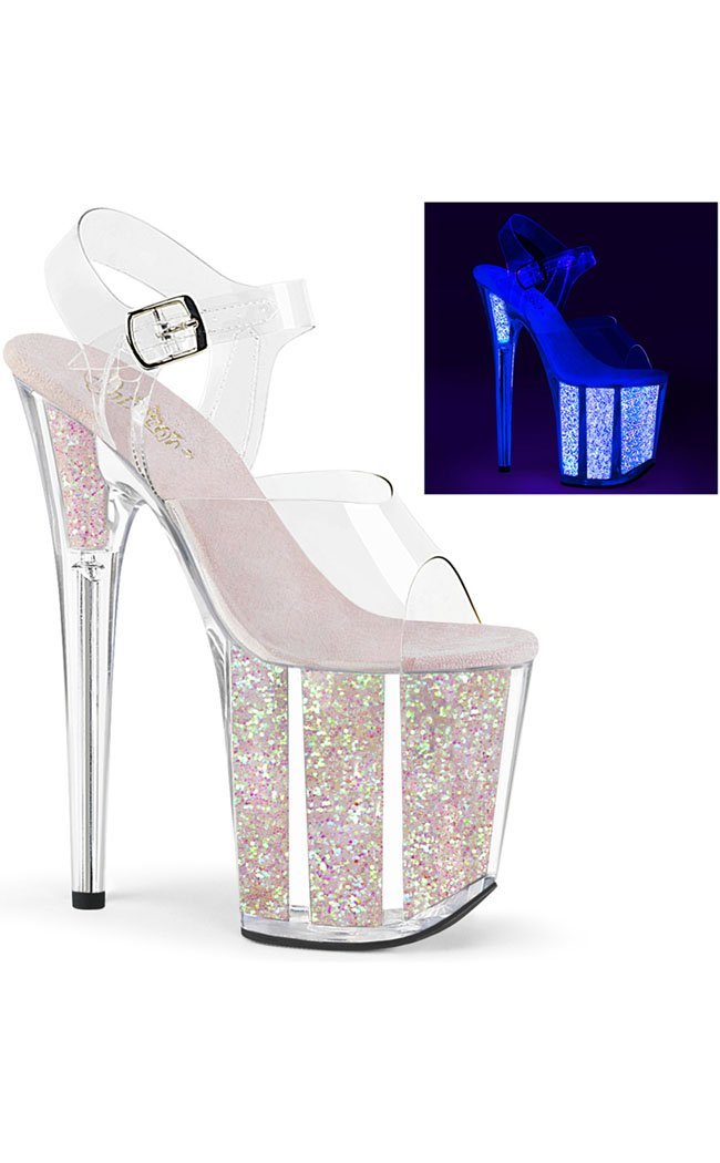 FLAMINGO-808UVG Clear/Neon Opal Glitter Heels-Pleaser-Tragic Beautiful