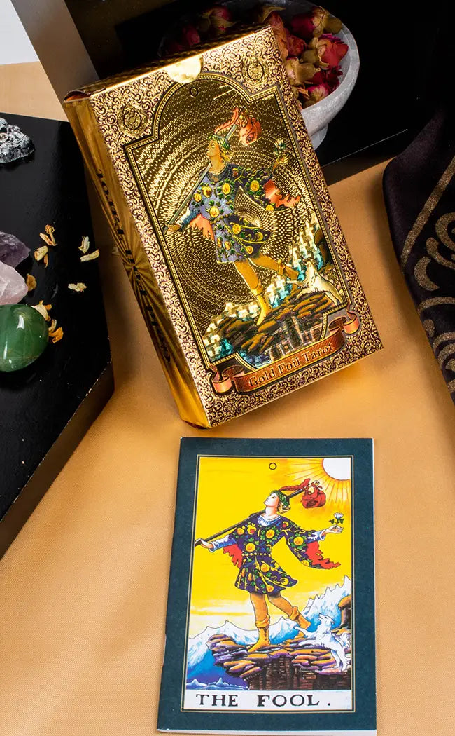Gold Foil Tarot deck featuring occult and alchemical imagery, symbolizing spiritual refinement and transmutation