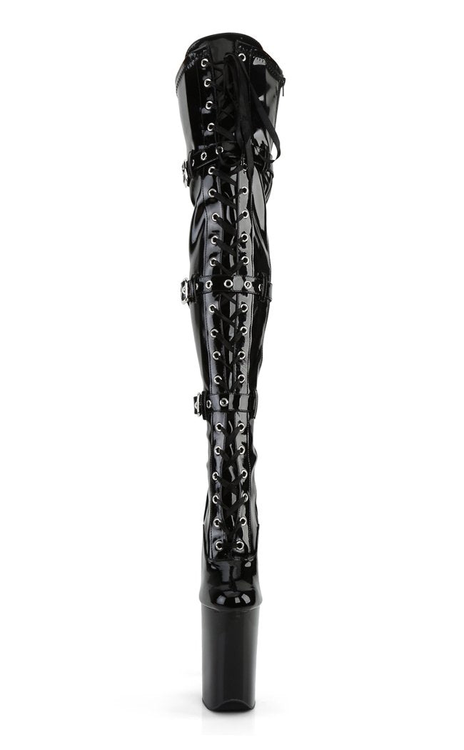 INFINITY-3028 Blk Stretch Pat/Blk Thigh High Boots-Pleaser-Tragic Beautiful