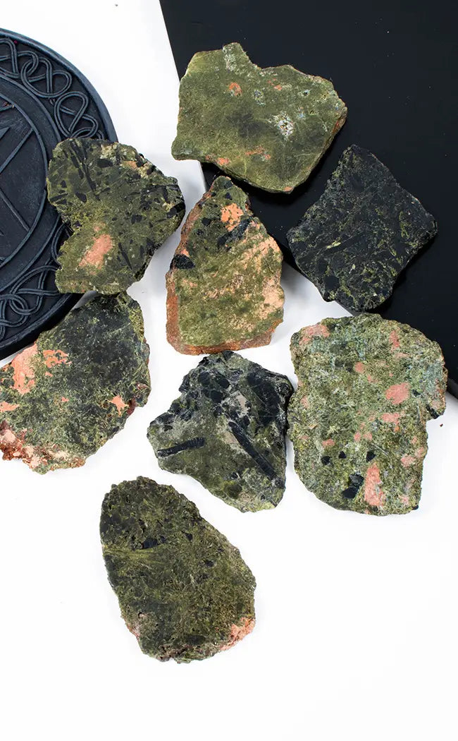 Polished Epidote Slices With Black Tourmaline & Pink Feldspar-Crystals-Tragic Beautiful