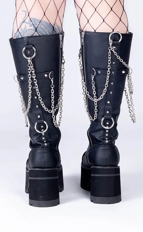 RANGER-303 Black Vegan Leather Platform Knee High Boots-Demonia-Tragic Beautiful