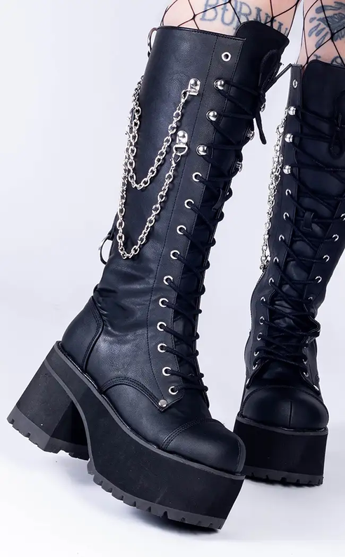 RANGER-303 Black Vegan Leather Platform Knee High Boots-Demonia-Tragic Beautiful