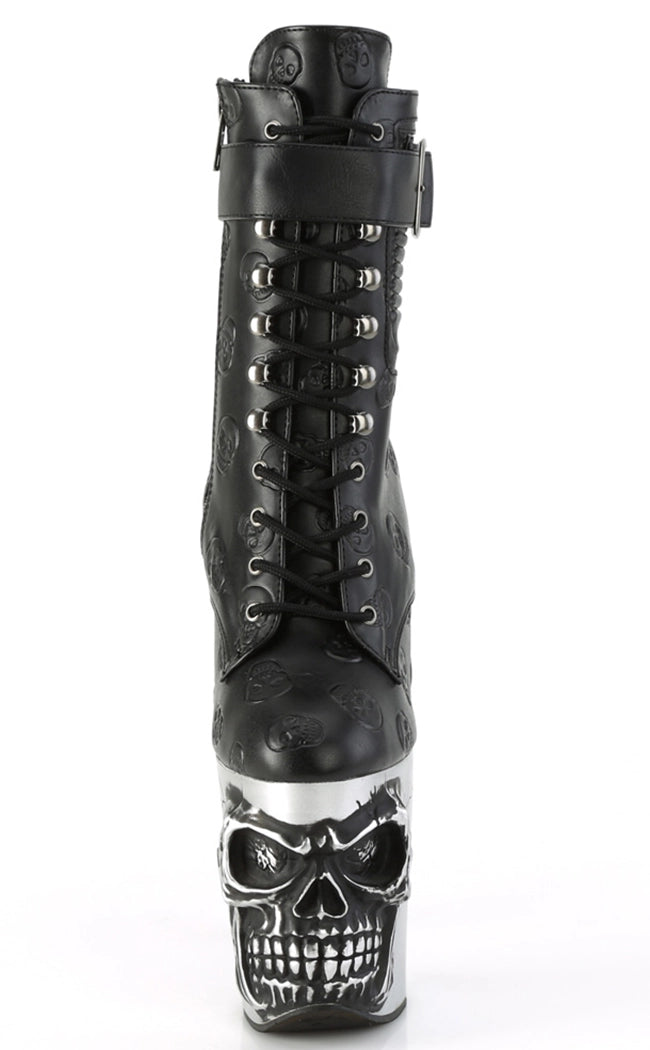 RAPTURE-1020STR-02 Black Vegan Leather Skull Boots