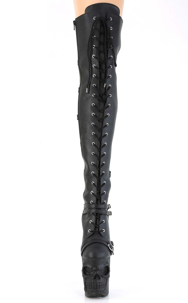 RAPTURE-3045 Black Matte Thigh High Skull Boots-Pleaser-Tragic Beautiful