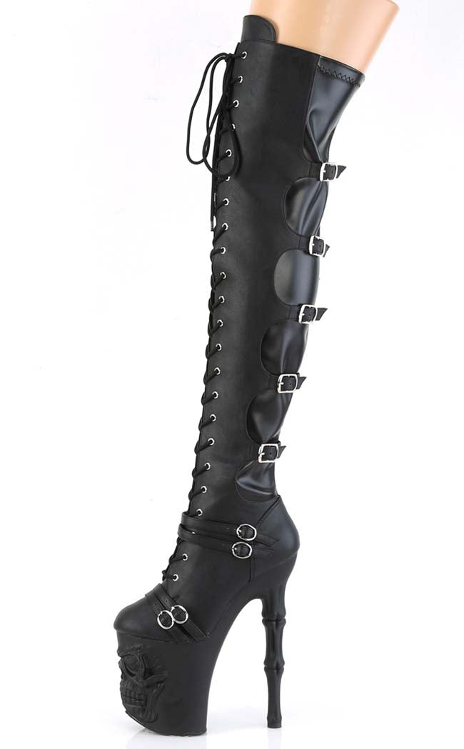 RAPTURE-3045 Black Matte Thigh High Skull Boots-Pleaser-Tragic Beautiful