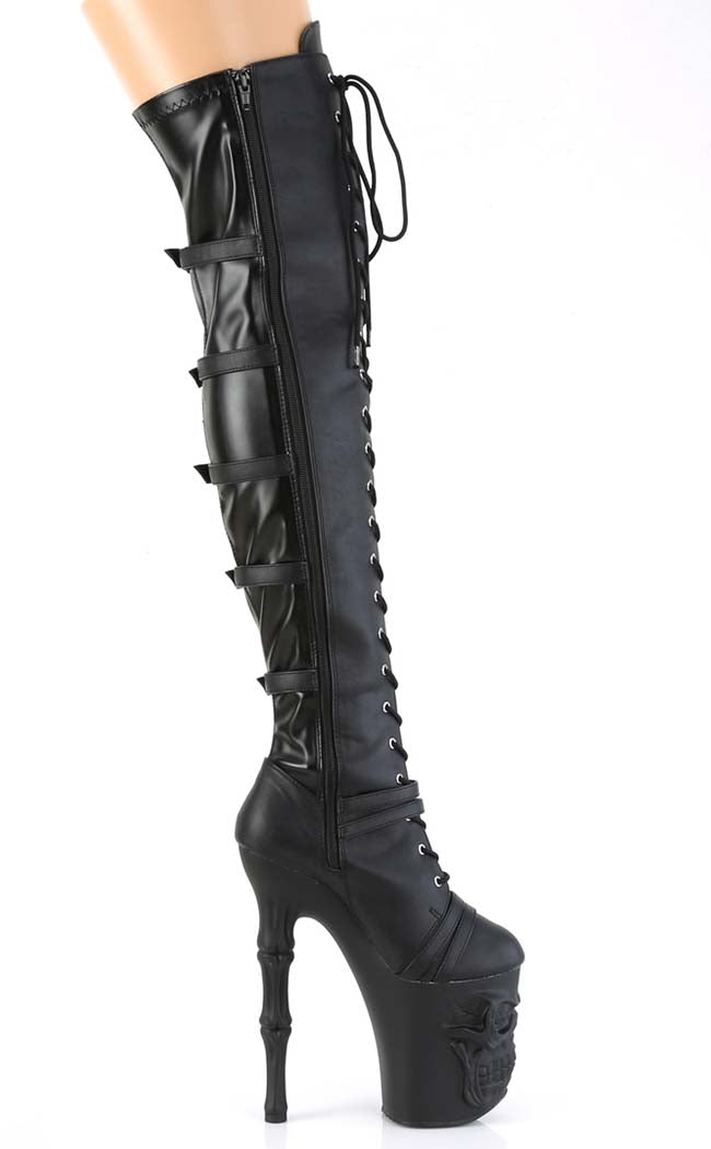 RAPTURE-3045 Black Matte Thigh High Skull Boots-Pleaser-Tragic Beautiful