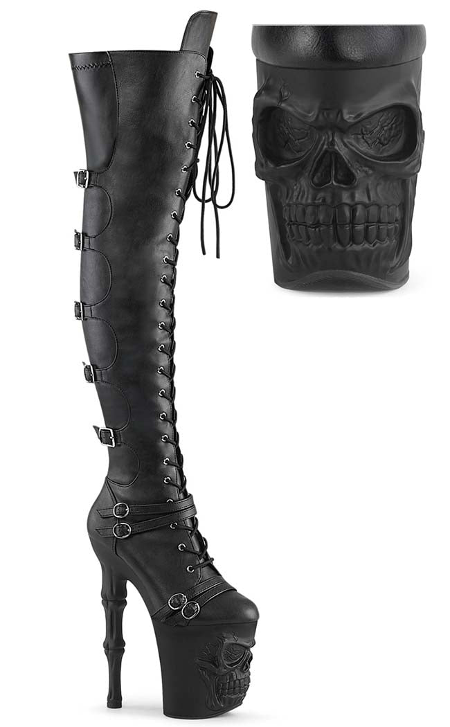 RAPTURE-3045 Black Matte Thigh High Skull Boots-Pleaser-Tragic Beautiful