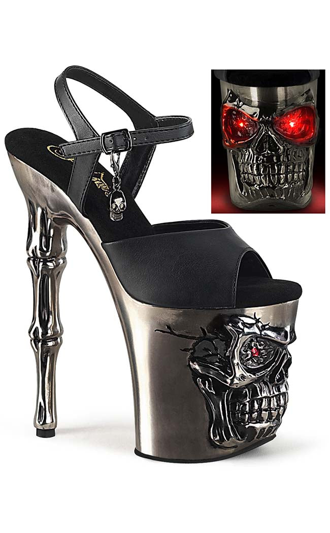 RAPTURE-809-LT Black/Satin Pewter Chrome Skull Heels-Pleaser-Tragic Beautiful