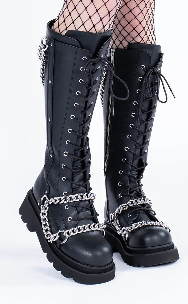 RENEGADE-215 Black Knee High Boots-Demonia-Tragic Beautiful