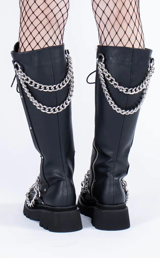 RENEGADE-215 Black Knee High Boots-Demonia-Tragic Beautiful