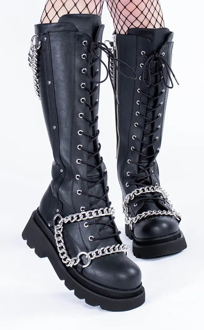 RENEGADE-215 Black Knee High Boots-Demonia-Tragic Beautiful