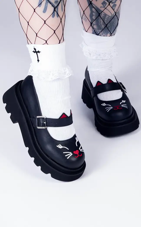 RENEGADE-56 Black Matte Kitty Mary Janes (Last Pair: Size 6)-Demonia-Tragic Beautiful