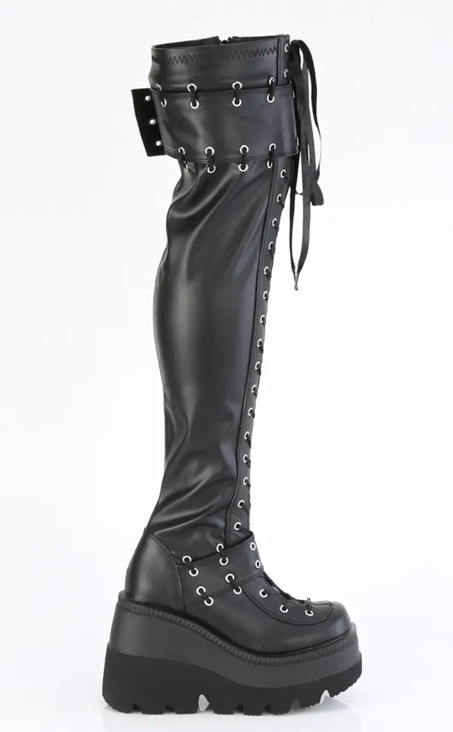 SHAKER-325 Black Stretch Thigh-High Platform Boots-Demonia-Tragic Beautiful