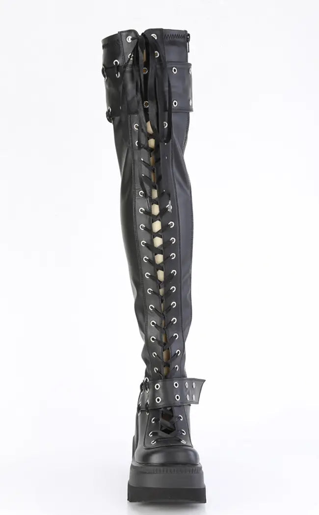 SHAKER-325 Black Stretch Thigh-High Platform Boots-Demonia-Tragic Beautiful