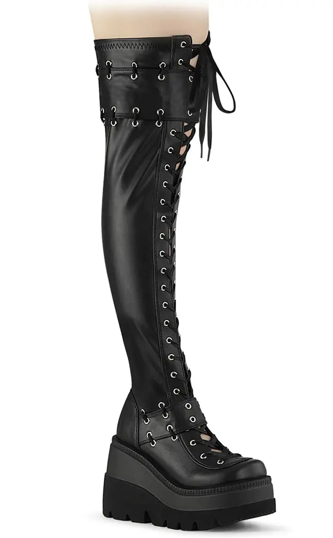 SHAKER-325 Black Stretch Thigh-High Platform Boots-Demonia-Tragic Beautiful