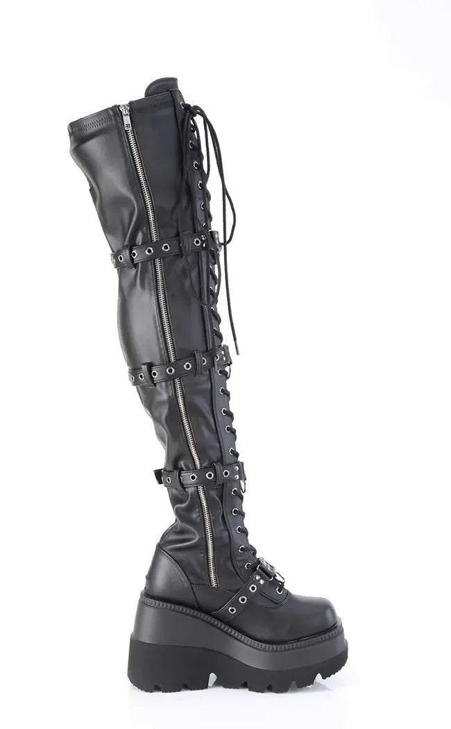 SHAKER-420 Black Matte Thigh-High Platform Boots-Demonia-Tragic Beautiful