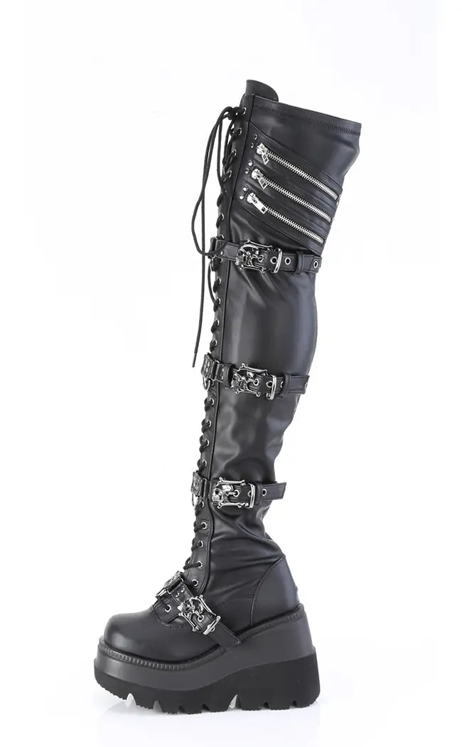 SHAKER-420 Black Matte Thigh-High Platform Boots-Demonia-Tragic Beautiful