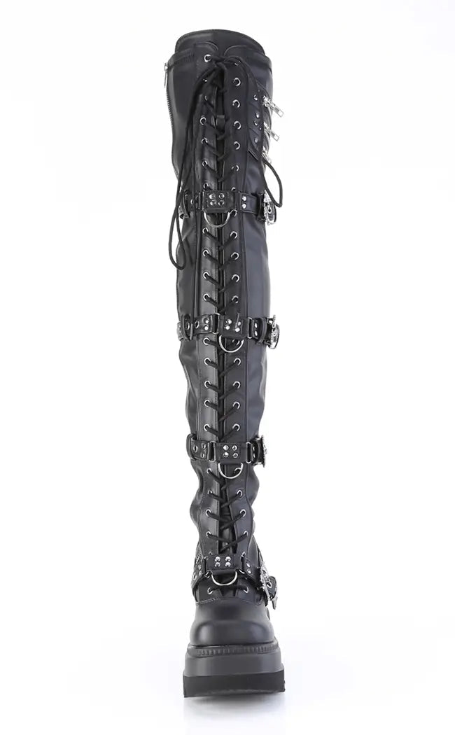 SHAKER-420 Black Matte Thigh-High Platform Boots-Demonia-Tragic Beautiful