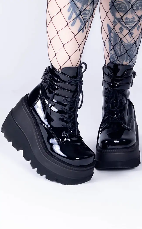 SHAKER-52 Black Patent Platform Ankle Boots-Demonia-Tragic Beautiful