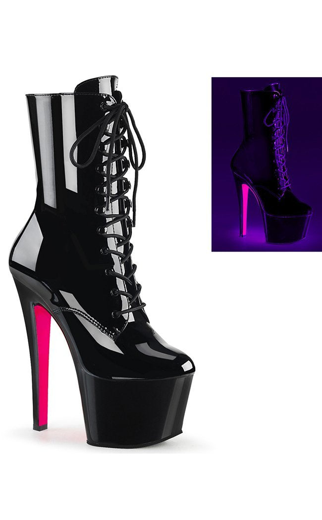 SKY-1020TT Black Patent/Neon Pink Boots-Pleaser-Tragic Beautiful