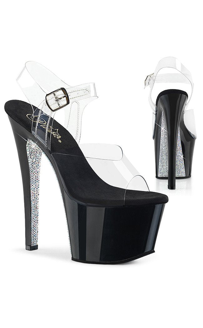 SKY-308CRS Clr/Blk-Slv AB RSTN Heels-Pleaser-Tragic Beautiful