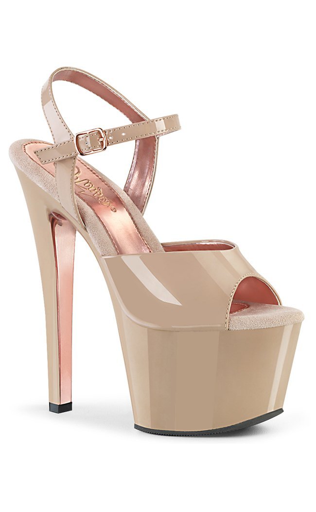 SKY-309TT Nude Patent & Rose Gold Chrome Heels-Pleaser-Tragic Beautiful