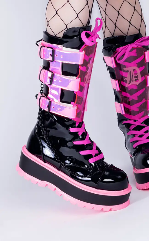 SLACKER-156 Black Patent & UV Pink Platform Boots-Demonia-Tragic Beautiful