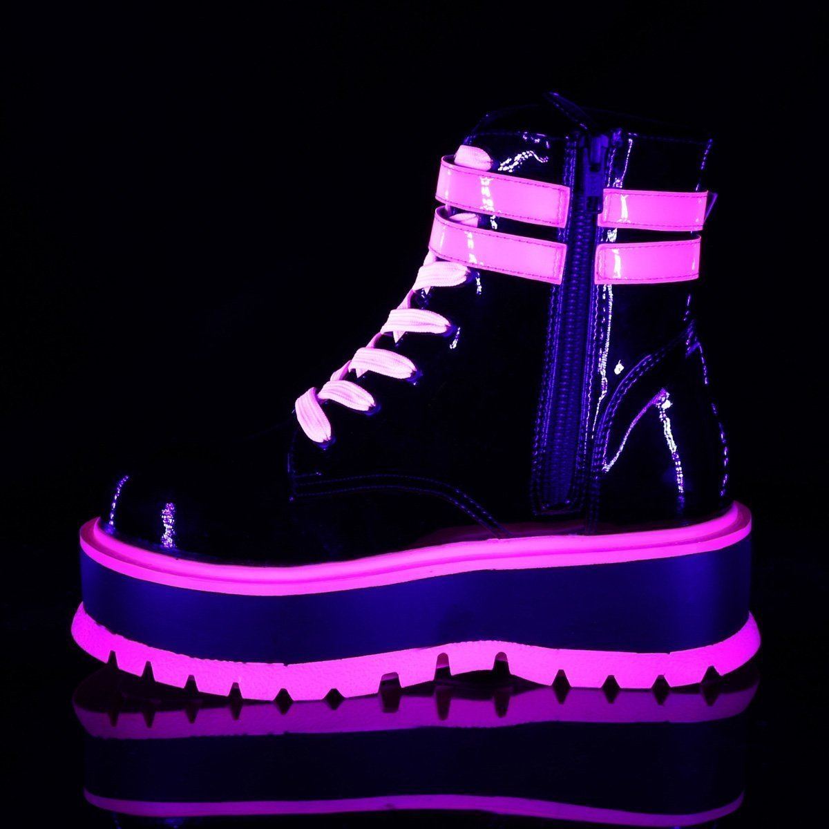 SLACKER-52 Black Patent UV Pink Ankle Boots-Demonia-Tragic Beautiful