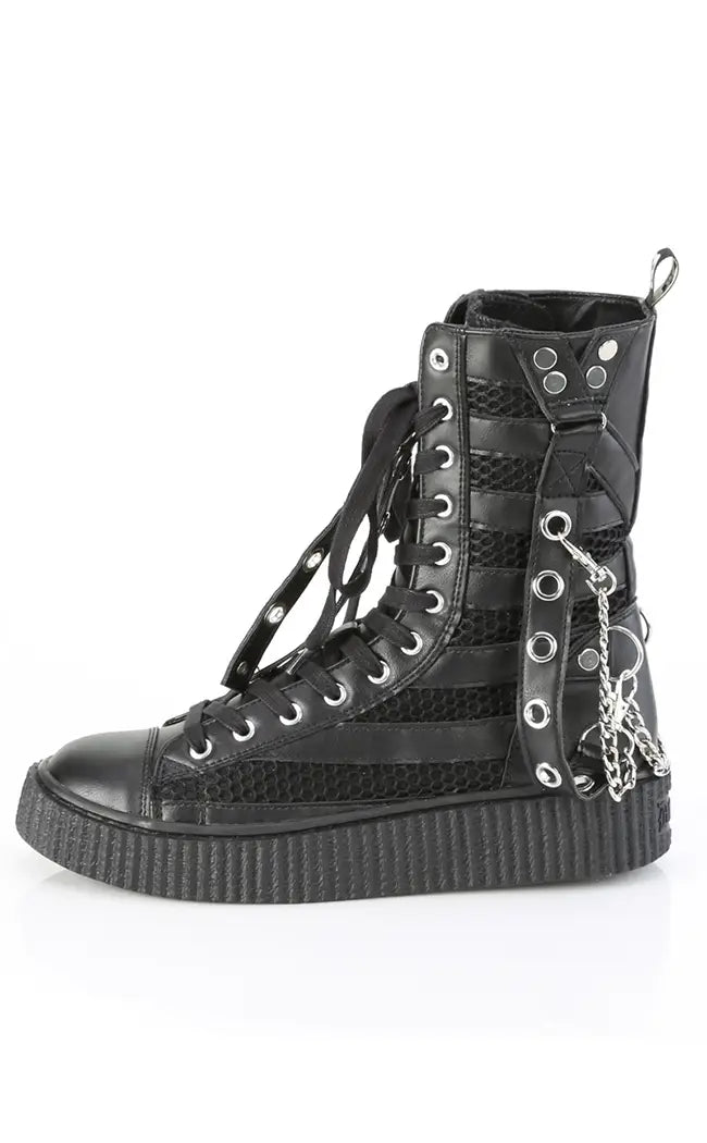 SNEEKER-325 Black Vegan Leather Fishnet Creeper Sneakers-Demonia-Tragic Beautiful