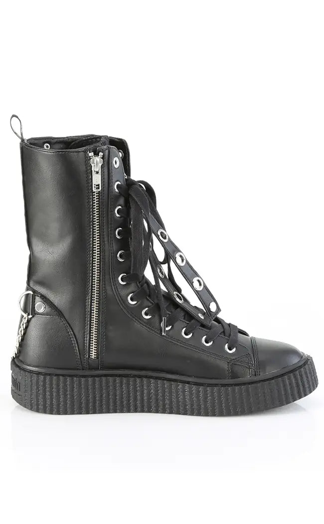 SNEEKER-325 Black Vegan Leather Fishnet Creeper Sneakers-Demonia-Tragic Beautiful