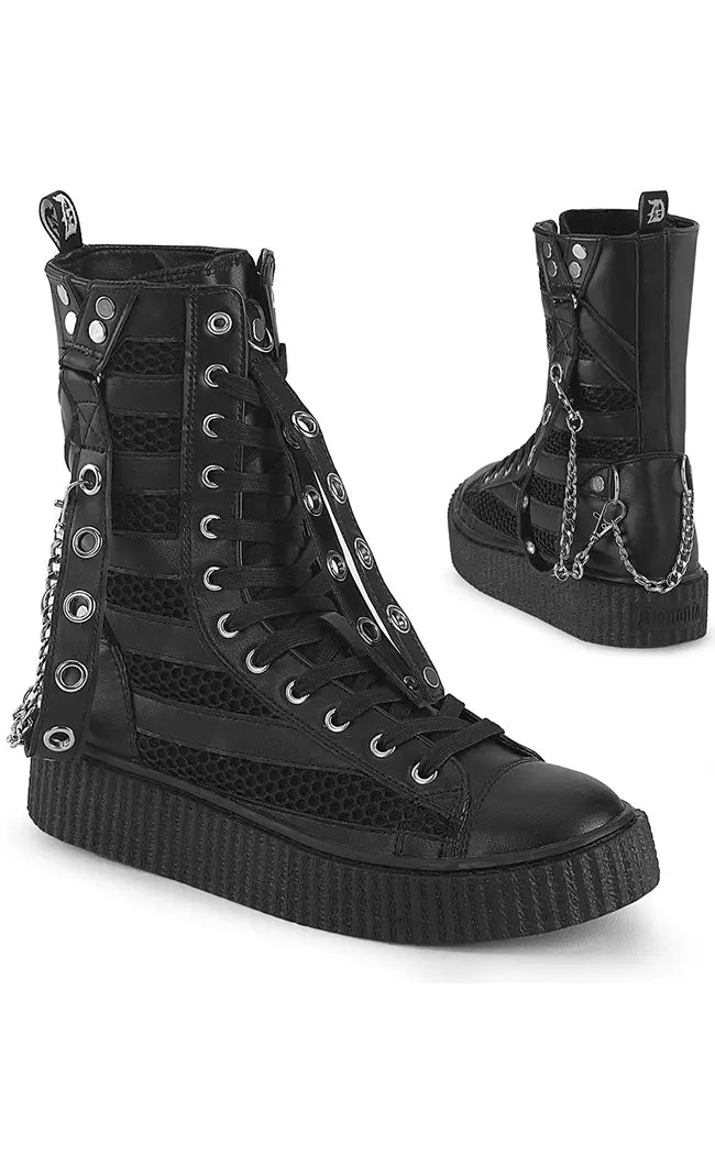 SNEEKER-325 Black Vegan Leather Fishnet Creeper Sneakers-Demonia-Tragic Beautiful