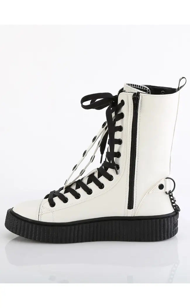 SNEEKER-325 White Vegan Leather Fishnet Creeper Sneakers-Demonia-Tragic Beautiful
