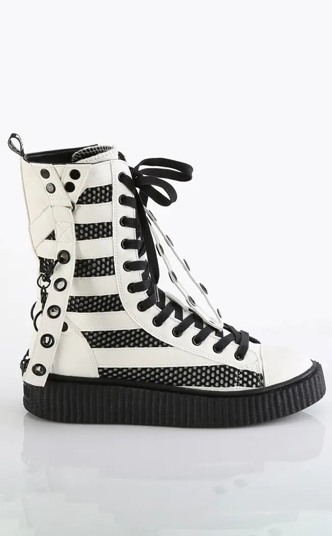 SNEEKER-325 White Vegan Leather Fishnet Creeper Sneakers-Demonia-Tragic Beautiful