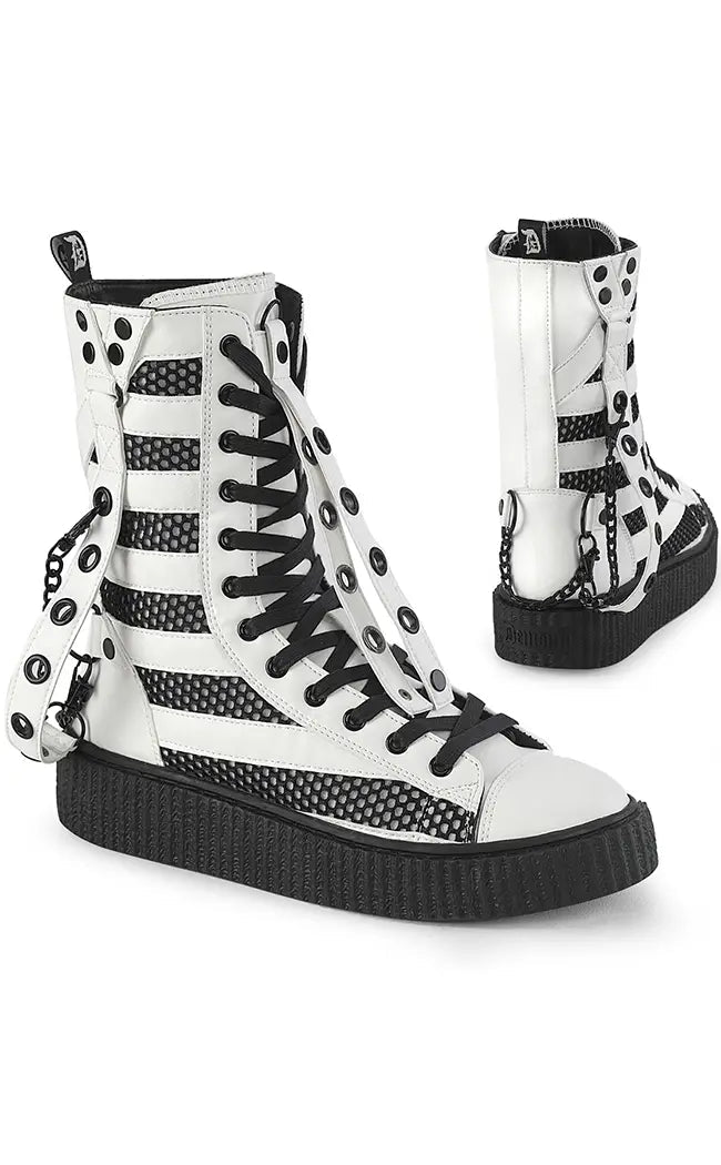 SNEEKER-325 White Vegan Leather Fishnet Creeper Sneakers-Demonia-Tragic Beautiful