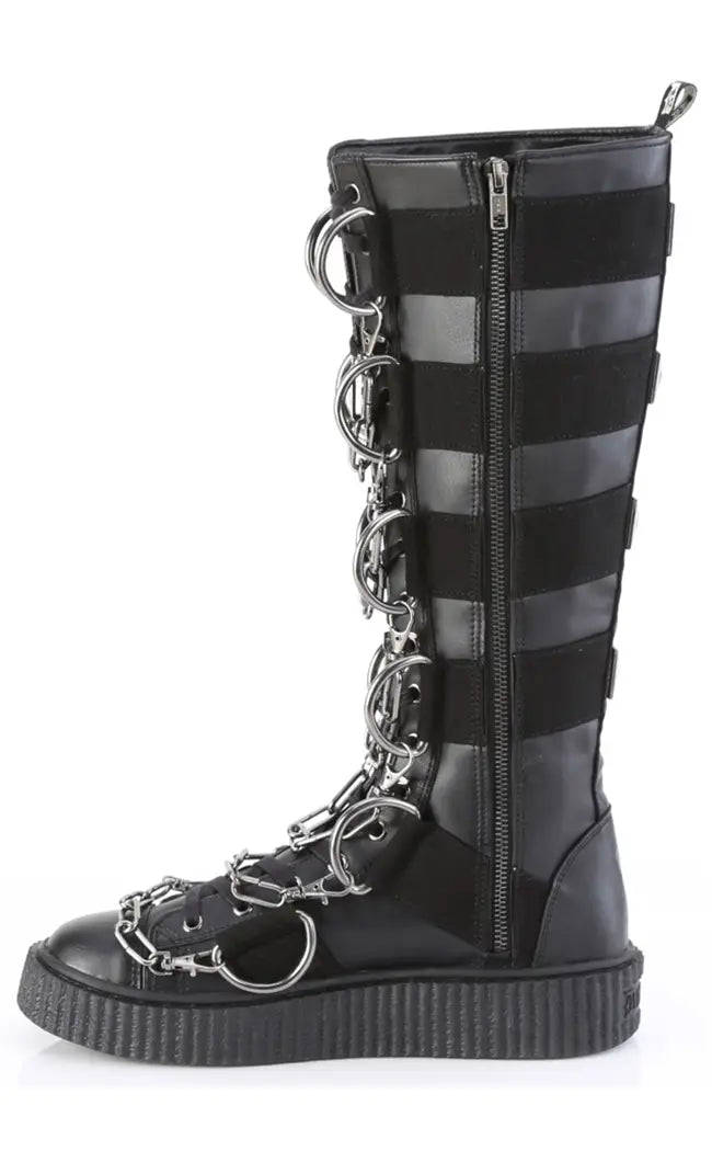 SNEEKER-405 Black Knee High Chains Boots-Demonia-Tragic Beautiful