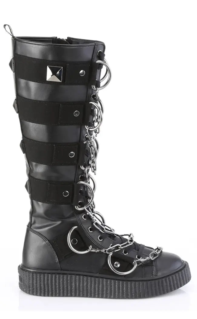 SNEEKER-405 Black Knee High Chains Boots-Demonia-Tragic Beautiful