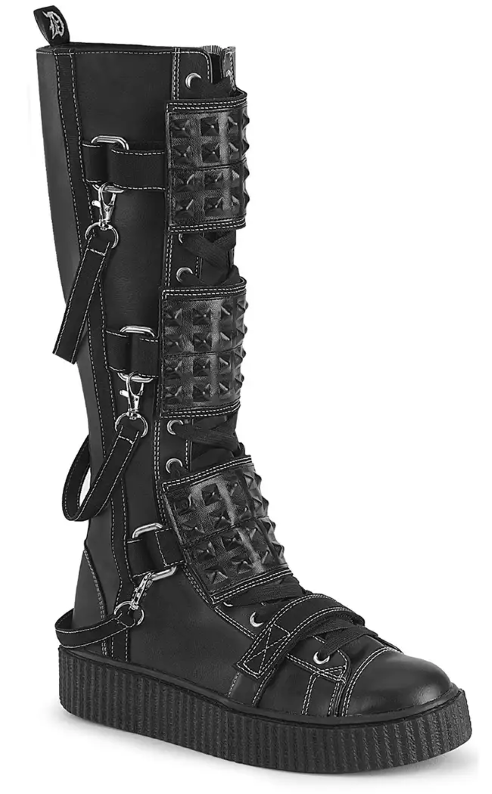 SNEEKER-410 Black Canvas Vegan Leather Knee Highs-Demonia-Tragic Beautiful